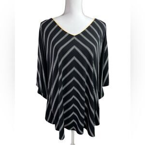 Susan Graver Liquid Knit Black White‎ Yellow Striped Top Batwing Sleeves Size 1X